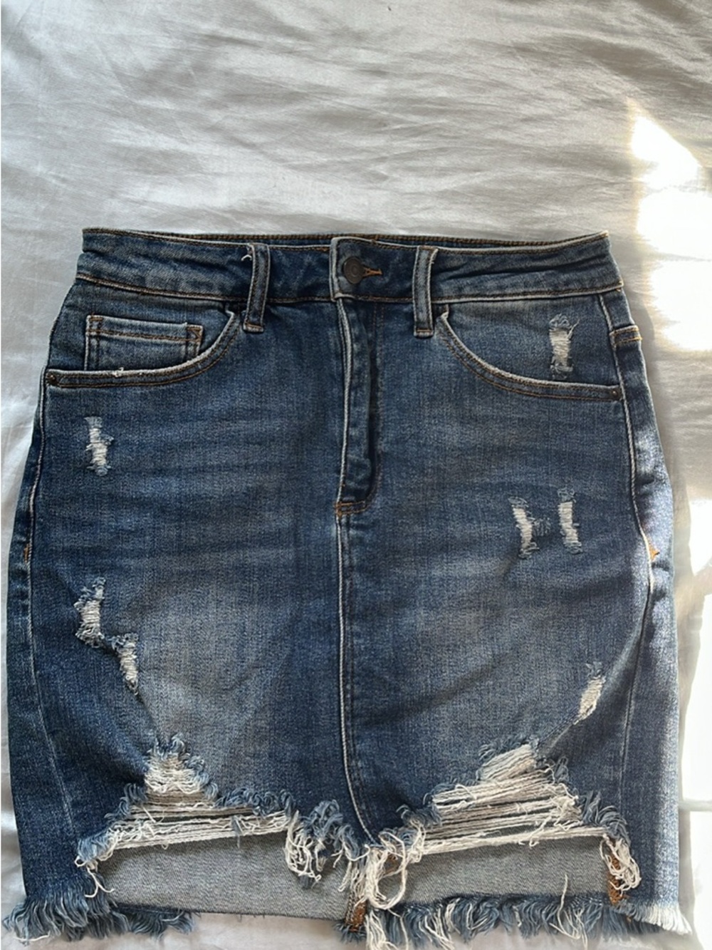 Distressed Indigo Denim Mini Skirt - Unbranded